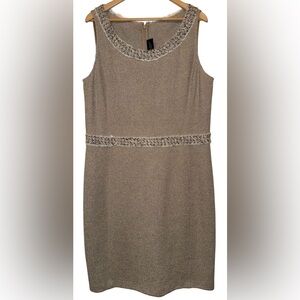 St. John Couture Wool Knit Sheath Dress Size 16 Neutral Sequin Silk Trim Beige